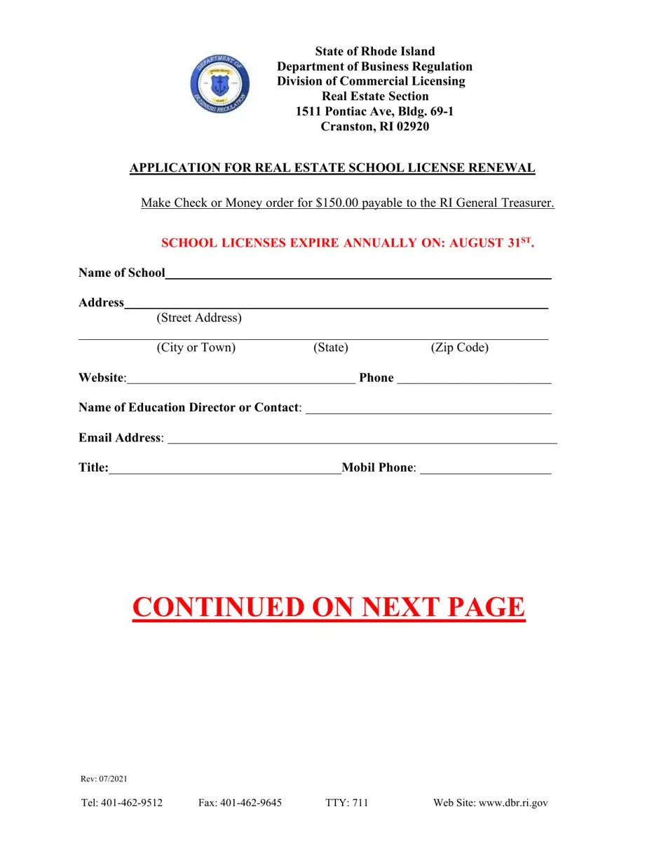 Rhode Island Application for Real Estate School License Renewal