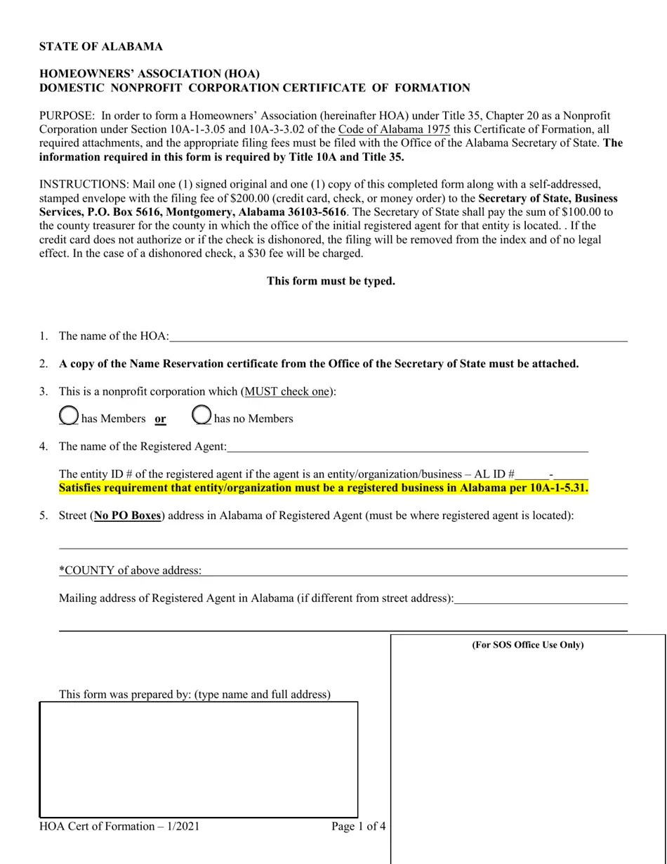 Alabama Homeowners' Association (Hoa) Domestic Nonprofit Corporation Certificate of Formation
