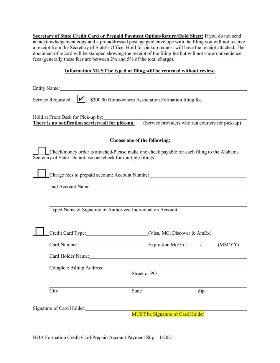 Alabama Homeowners' Association (Hoa) Domestic Nonprofit Corporation Certificate of Formation