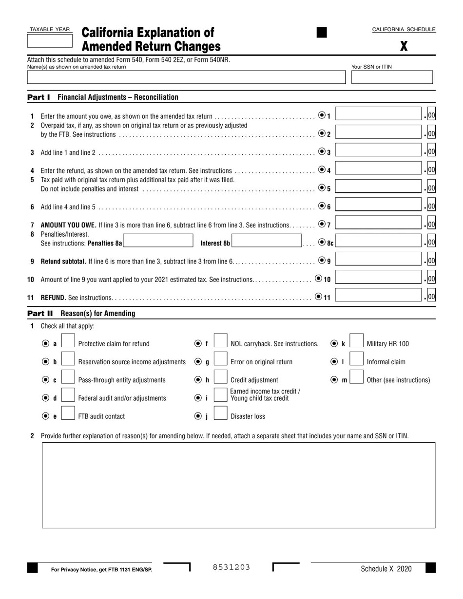 2020 California California Explanation of Amended Return Changes Fill
