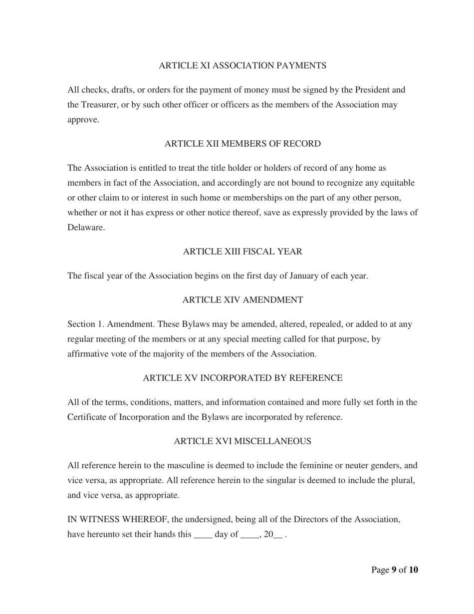 Delaware Model Home Owners Association Bylaws Download Printable PDF