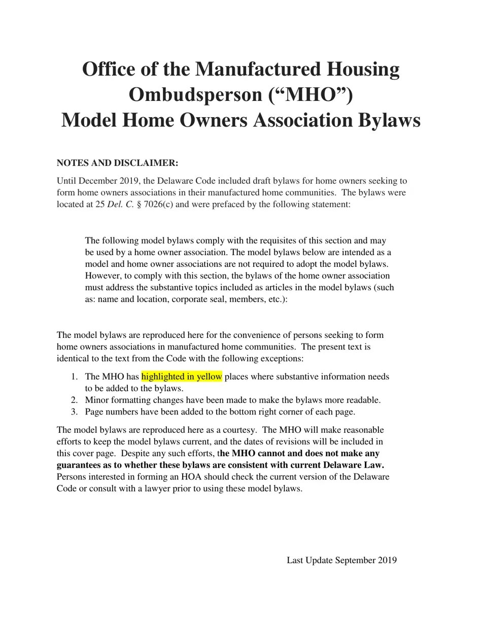 Delaware Model Home Owners Association Bylaws Download Printable PDF