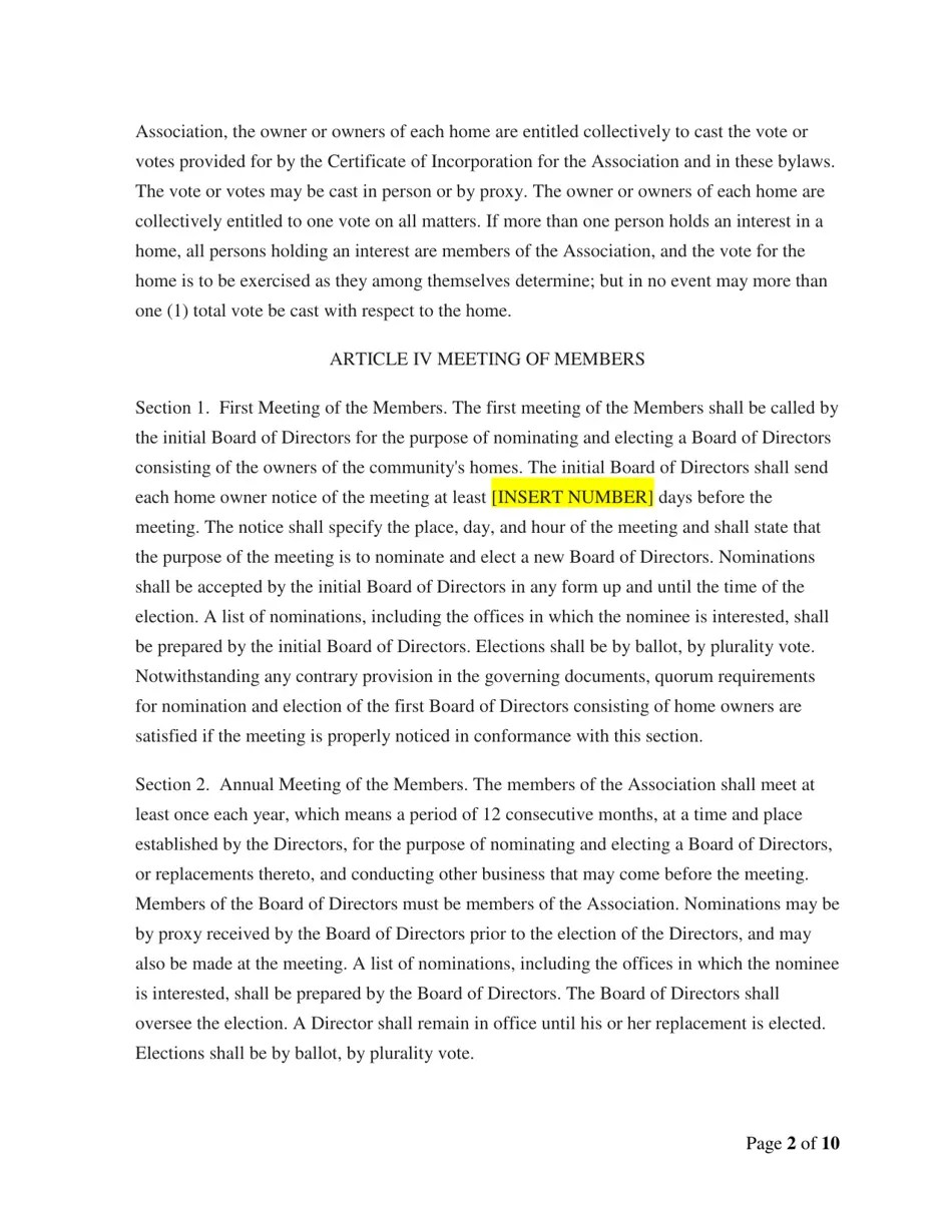 Delaware Model Home Owners Association Bylaws Download Printable PDF