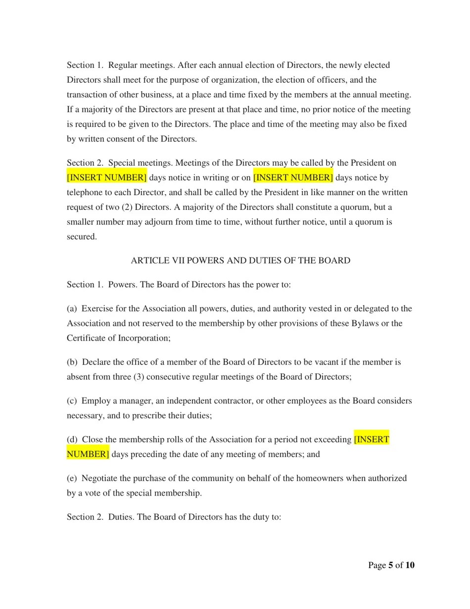 Delaware Model Home Owners Association Bylaws Download Printable PDF