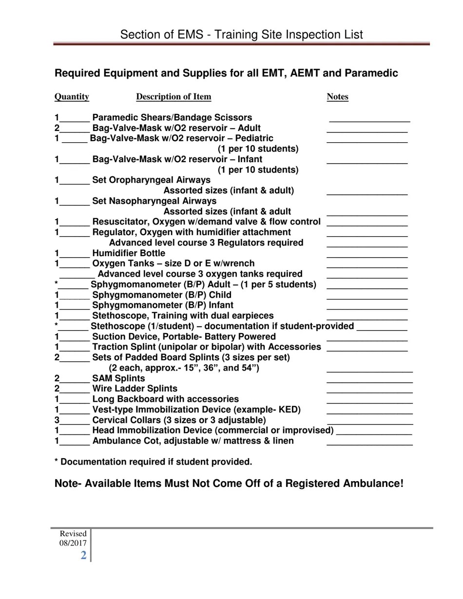 Arkansas Section of EMS Training Site Inspection List Fill Out