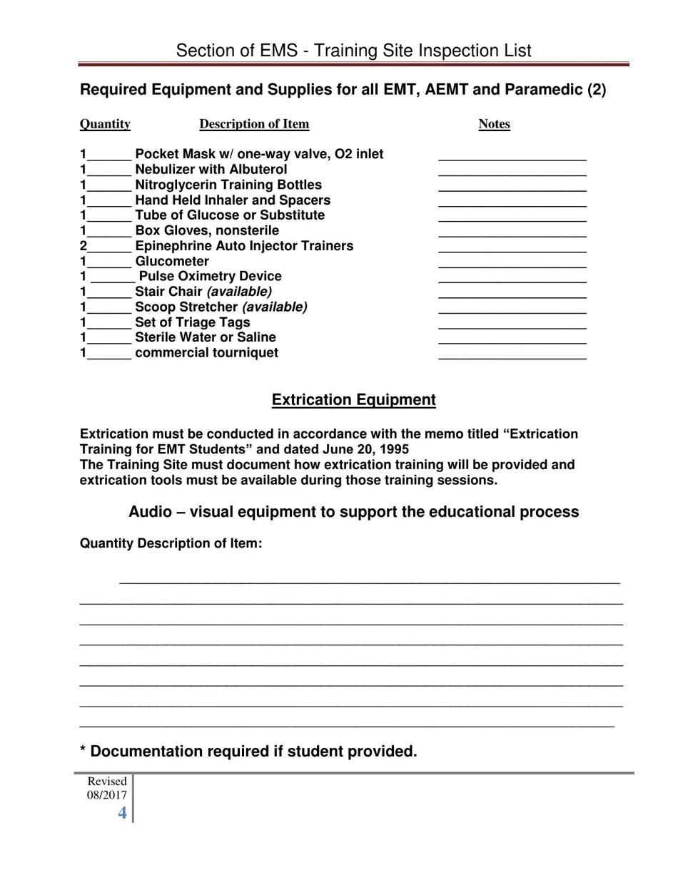 Arkansas Section of EMS Training Site Inspection List Fill Out