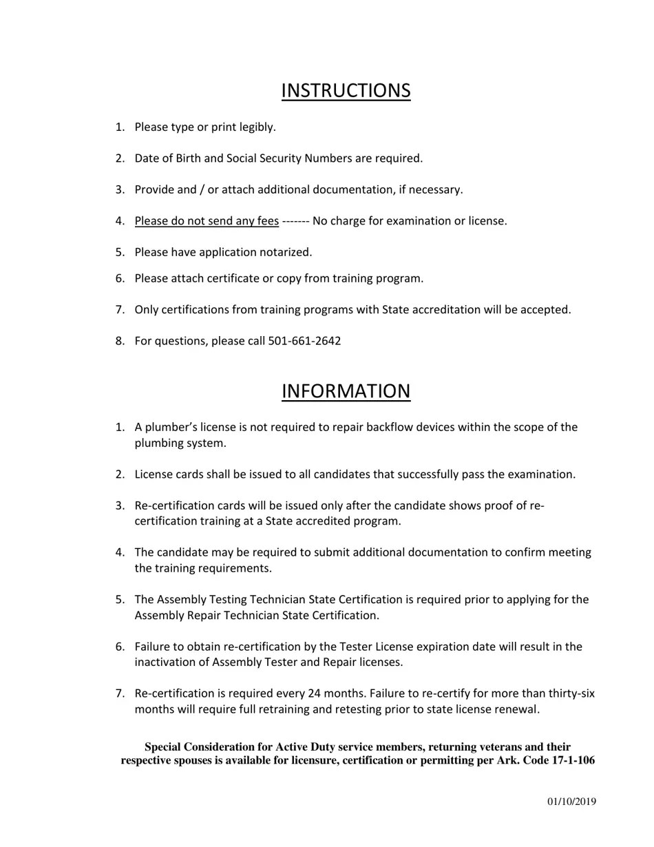 Arkansas Licensure Application for Backflow Assembly Testing Technician