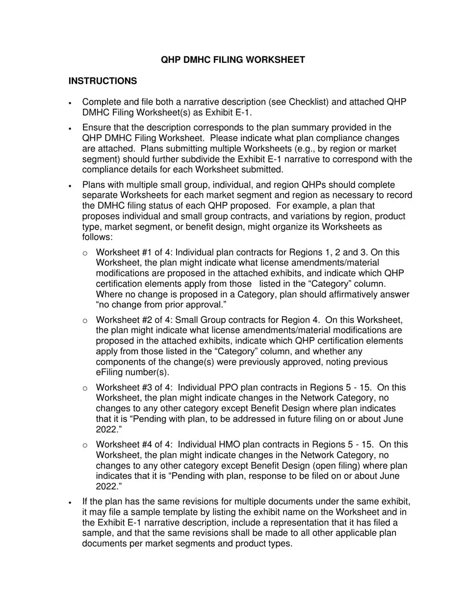 California Qualified Dental and Health Plans Filing Worksheet Fill