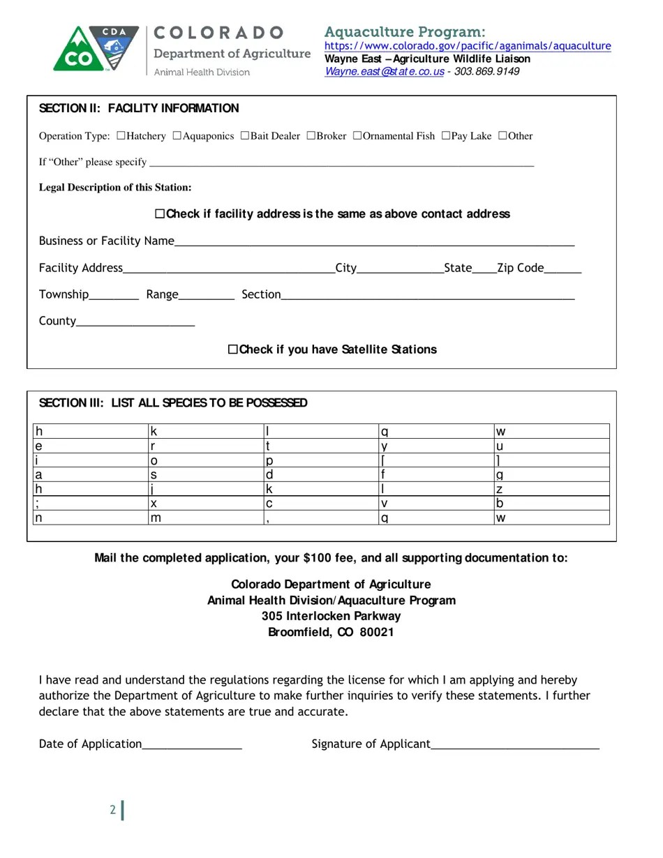 Colorado Colorado Aquaculture Permit Application Fill Out, Sign