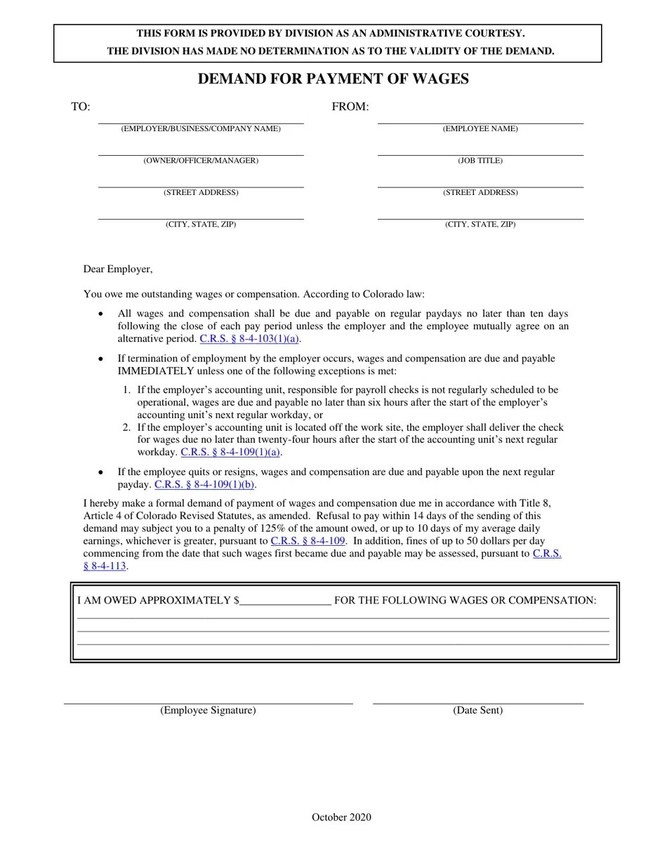 Colorado Demand for Payment of Wages Fill Out, Sign Online and