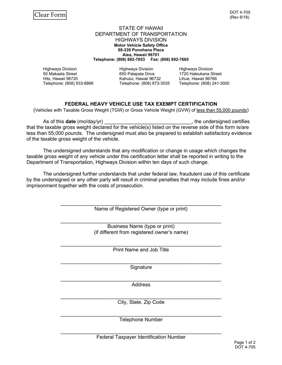 Form DOT4705 Fill Out, Sign Online and Download Fillable PDF, Hawaii
