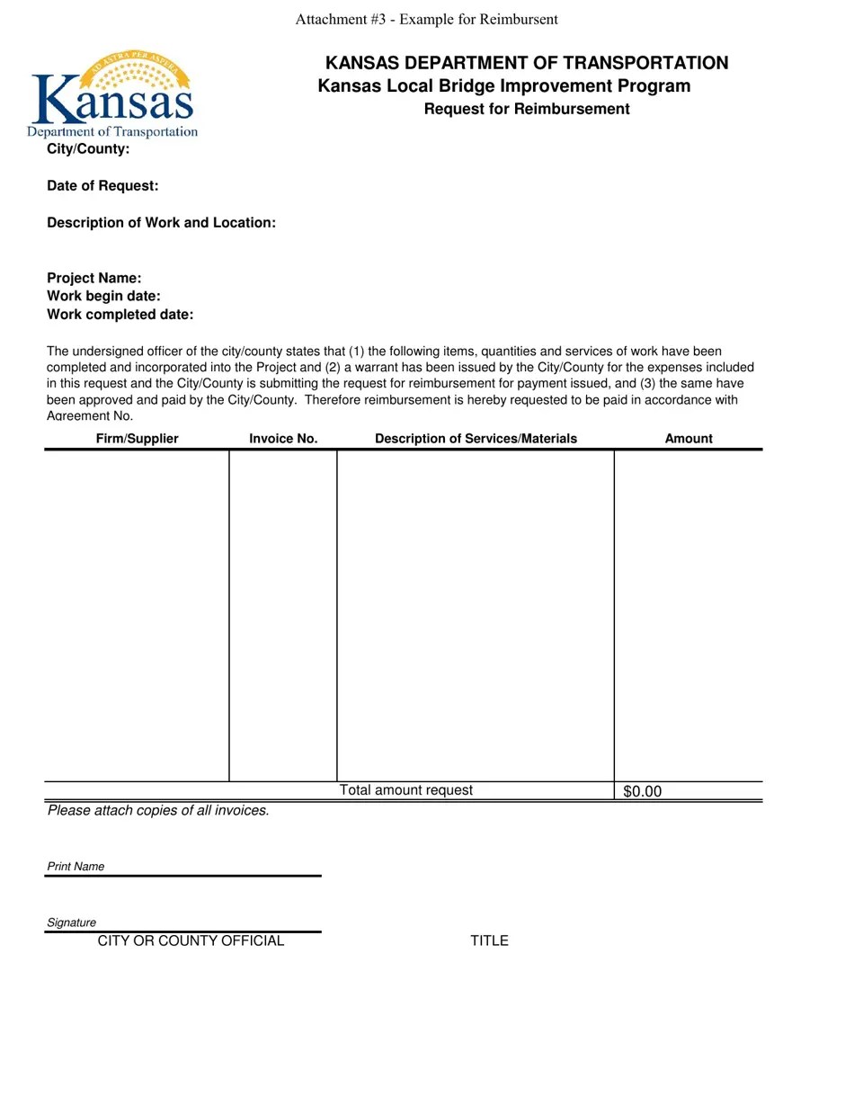 Kansas Request for Reimbursement Kansas Local Bridge Improvement