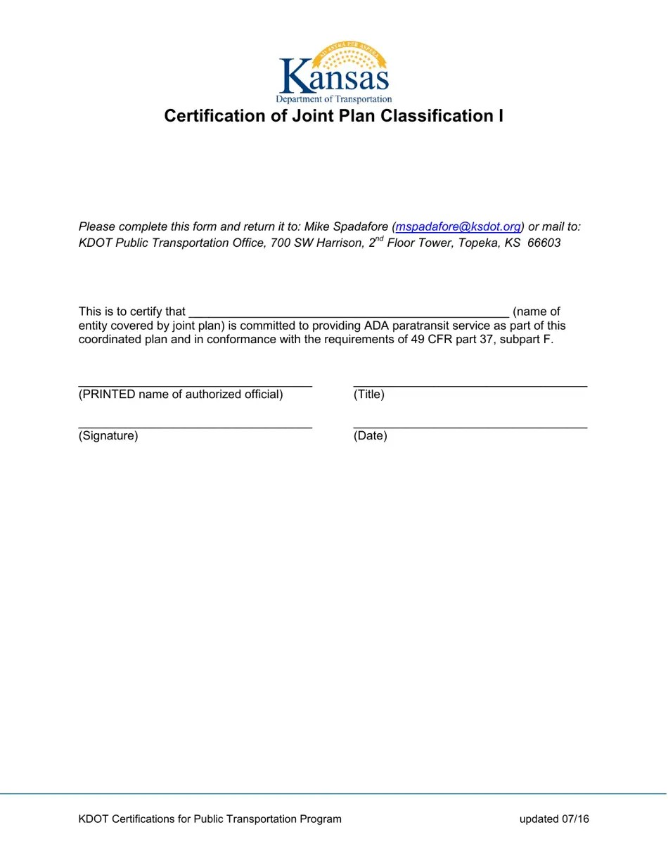 Kansas Certification of Joint Plan Classification I Fill Out, Sign Online and Download PDF