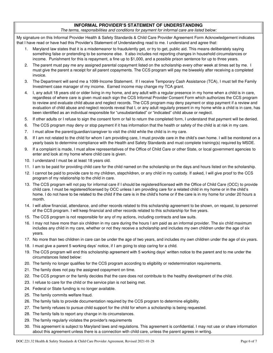 Maryland Informal Provider Health & Safety Standards & Child Care