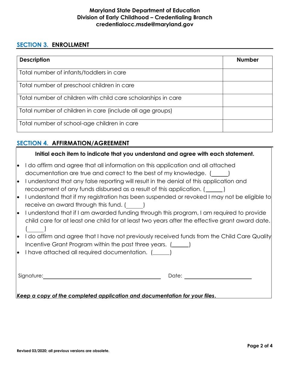 Maryland Application for the Child Care Quality Incentive Grant Program