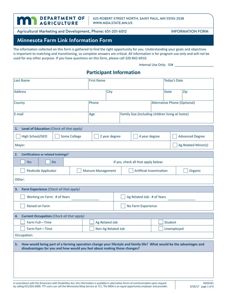 Form AG03241 Download Fillable PDF or Fill Online Minnesota Farm Link