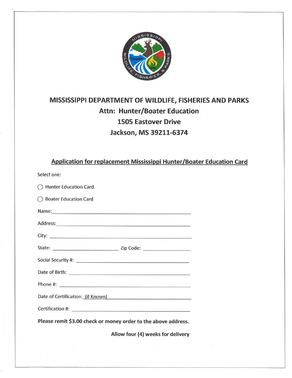 Mississippi Application for Replacement Mississippi Hunter/Boater