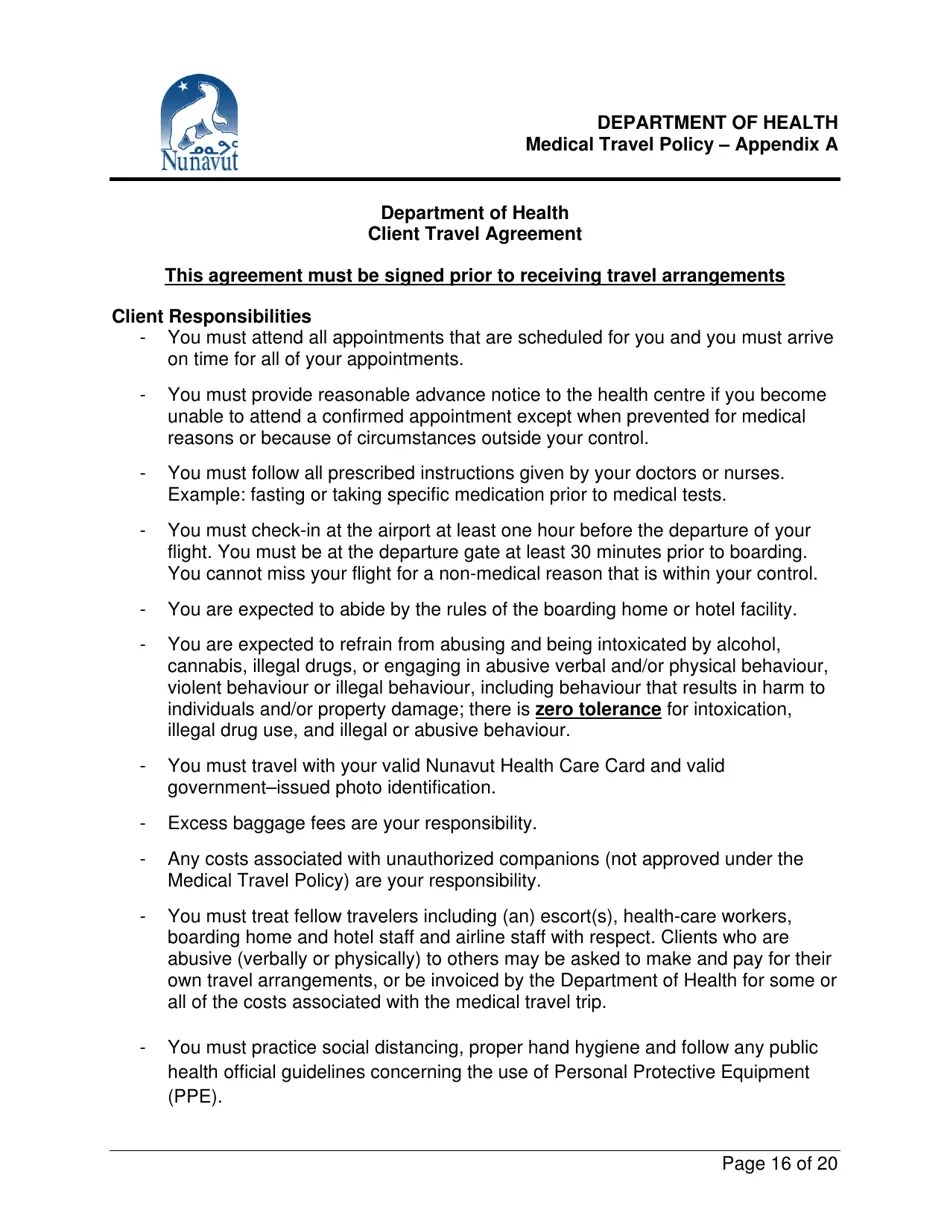 Nunavut Canada Medical Travel Policy Client Travel Agreement Fill