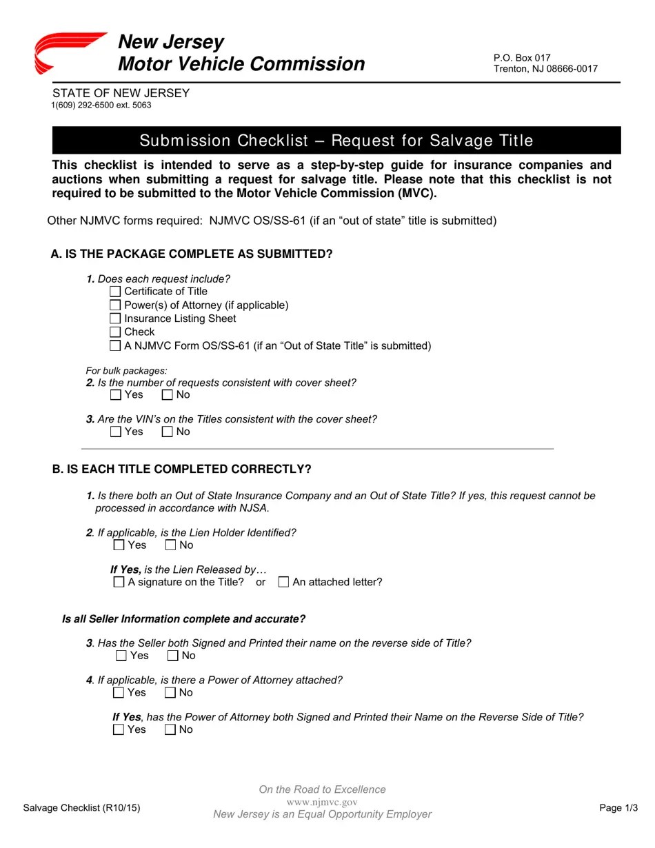 New Jersey Submission Checklist Request for Salvage Title Fill Out