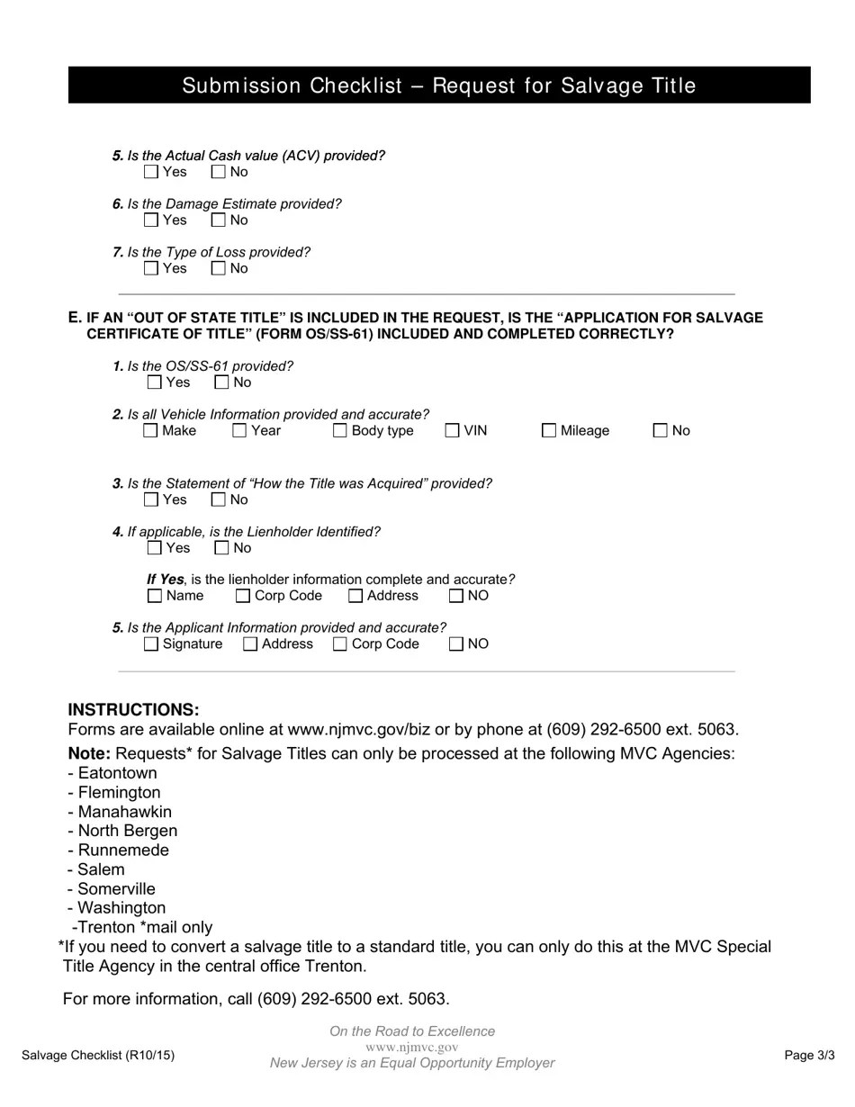 New Jersey Submission Checklist Request for Salvage Title Fill Out