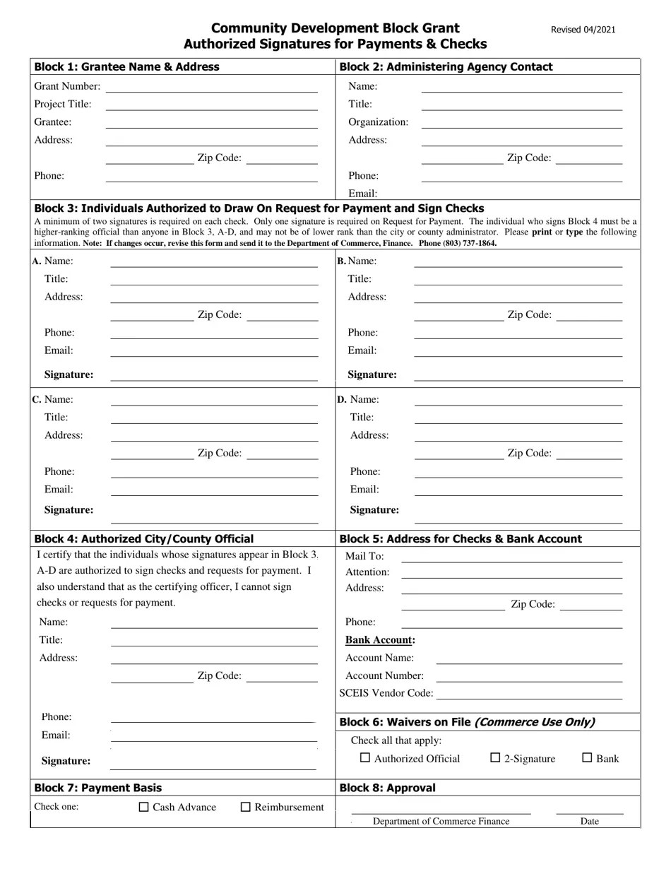 South Carolina Community Development Block Grant Authorized Signatures