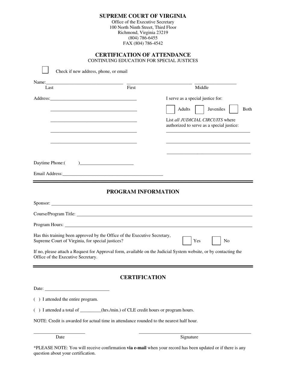 Virginia Certification of Attendance Continuing Education for Special