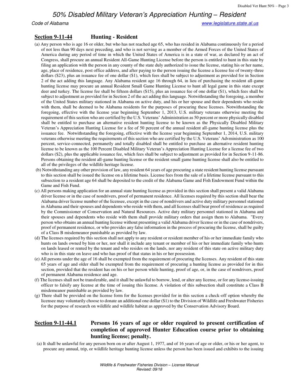 Alabama 50 Disabled Military Veteran's Appreciation Hunting License