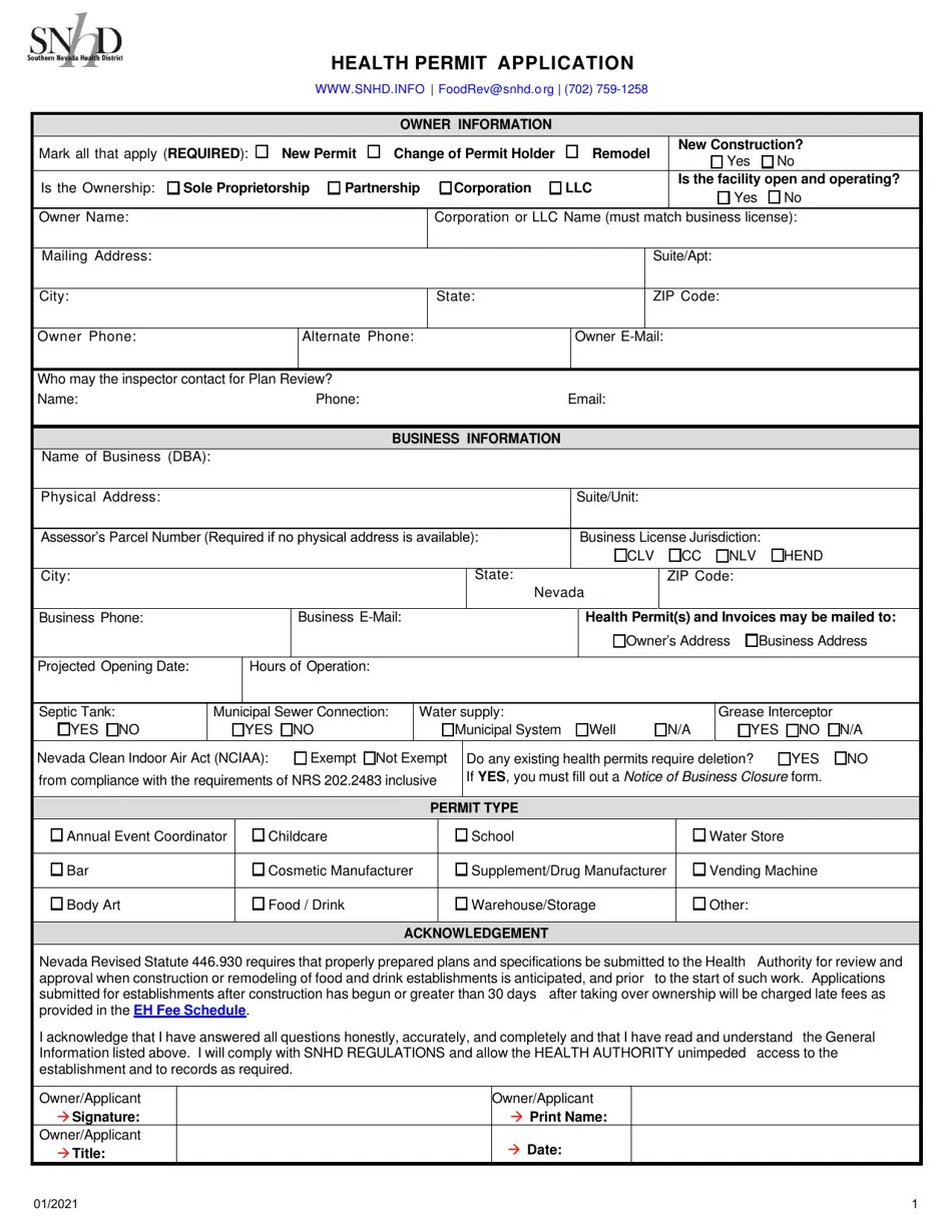Nevada Health Permit Application Fill Out, Sign Online and Download