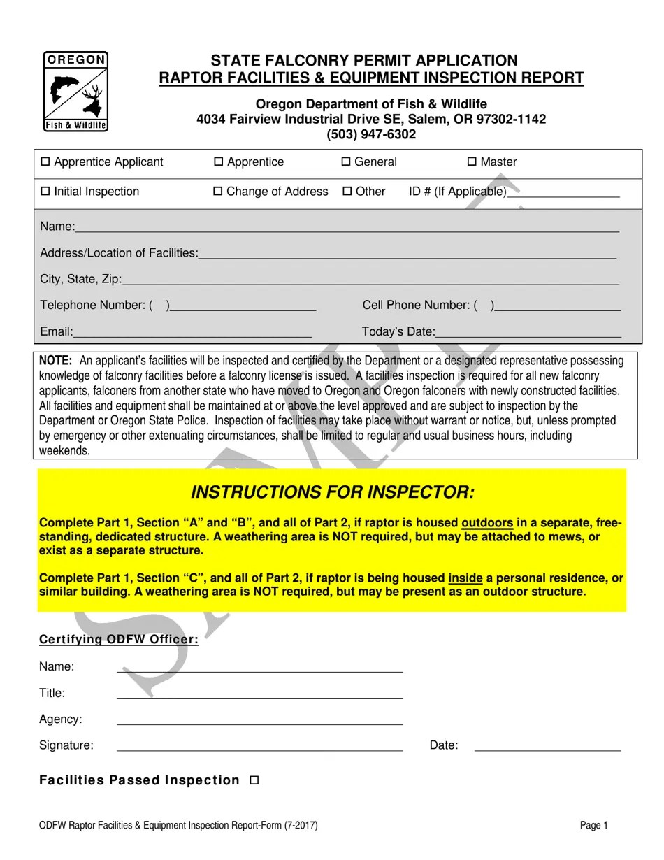 Oregon State Falconry Permit Application Raptor Facilities & Equipment
