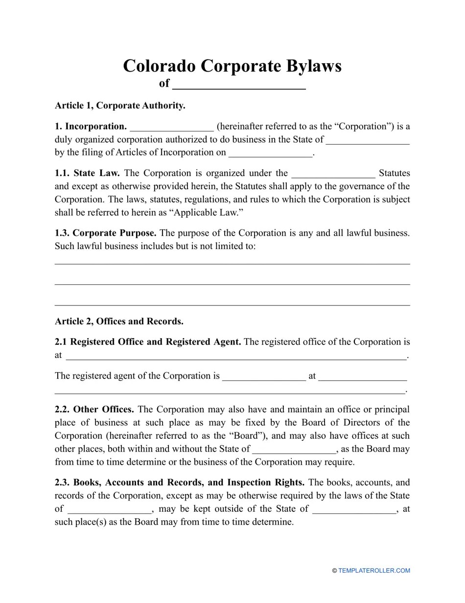 Colorado Corporate Bylaws Template Fill Out, Sign Online and Download