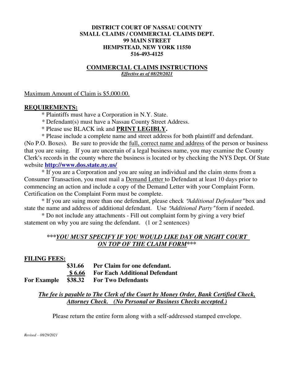 Nassau County, New York Commercial Claims Instructions Fill Out, Sign