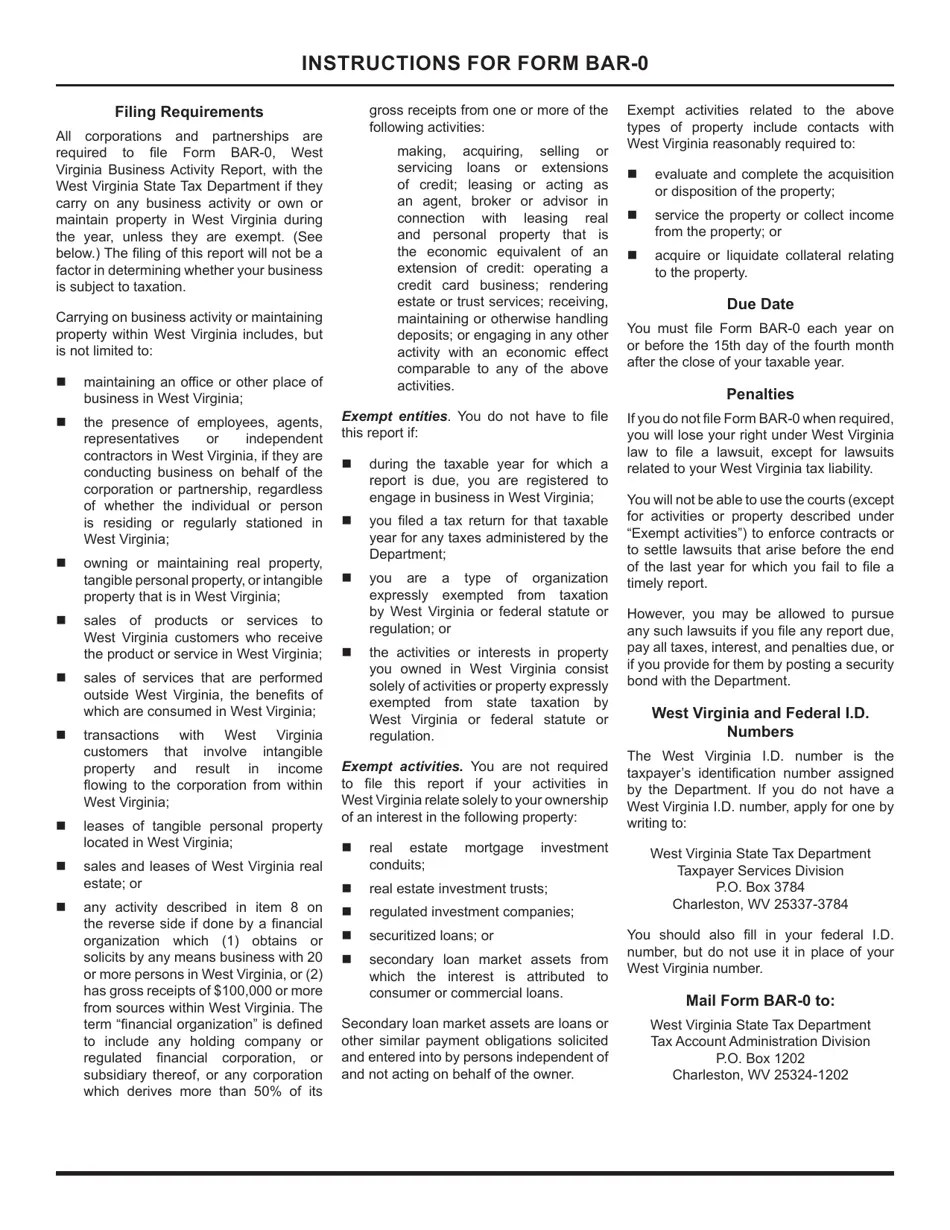 Form BAR0 Download Printable PDF or Fill Online West Virginia Business