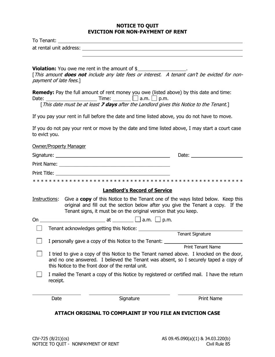 Form CIV725 Download Fillable PDF or Fill Online Notice to Quit