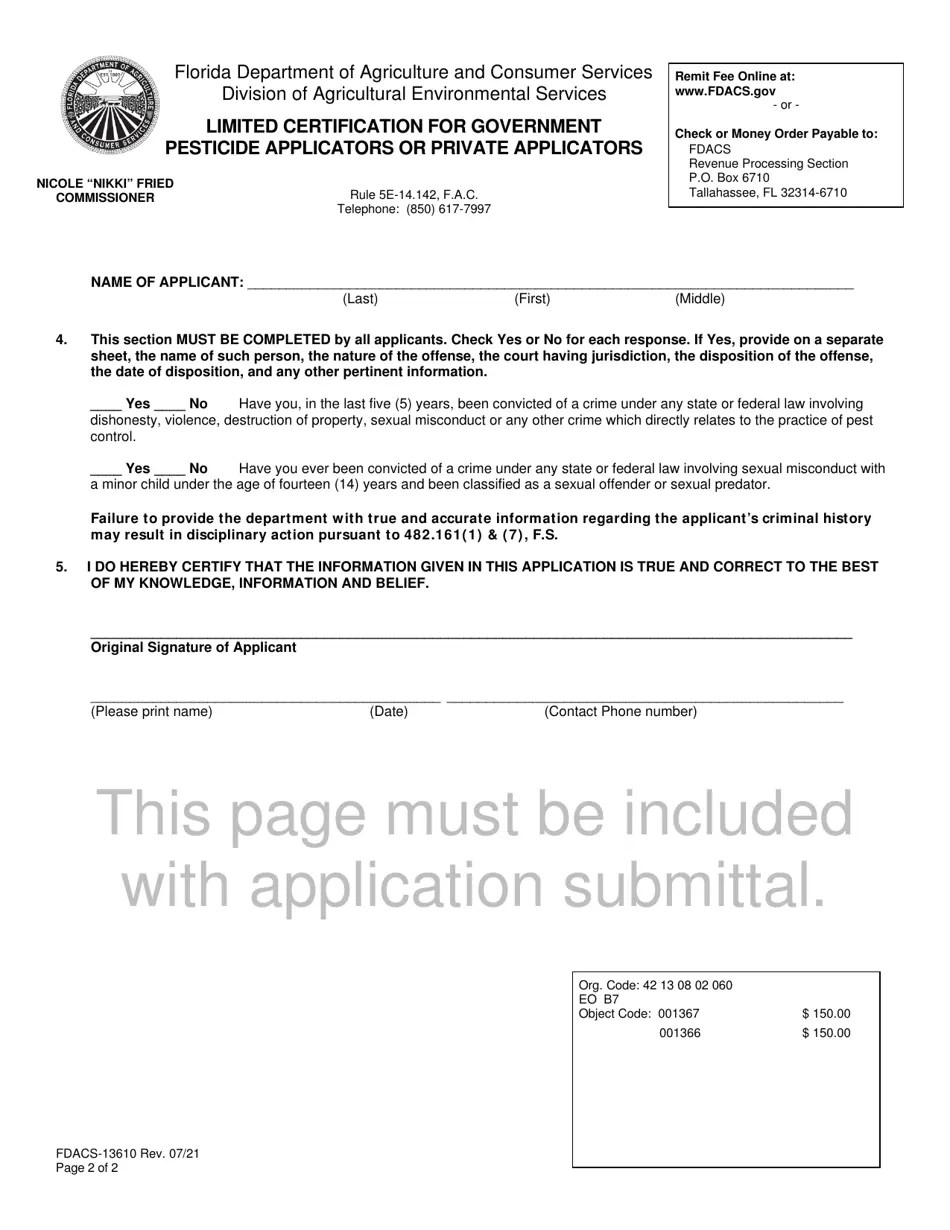 Form FDACS13610 Download Fillable PDF or Fill Online Limited