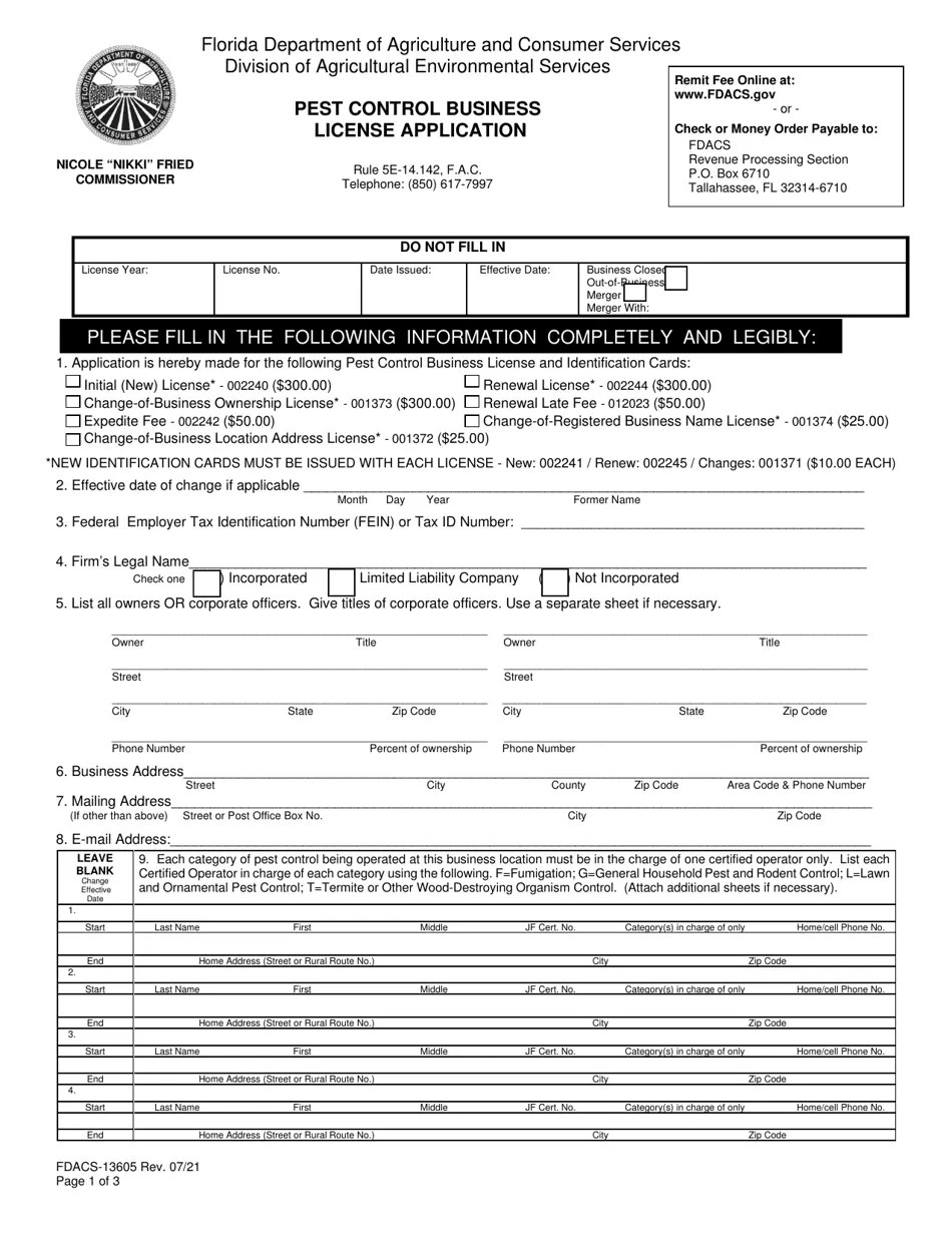 Form FDACS13605 Download Fillable PDF or Fill Online Pest Control