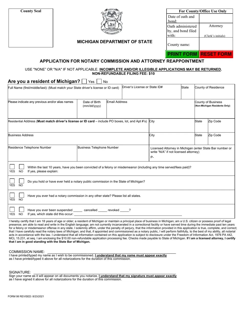 Form 98 Download Fillable PDF or Fill Online Application for Notary