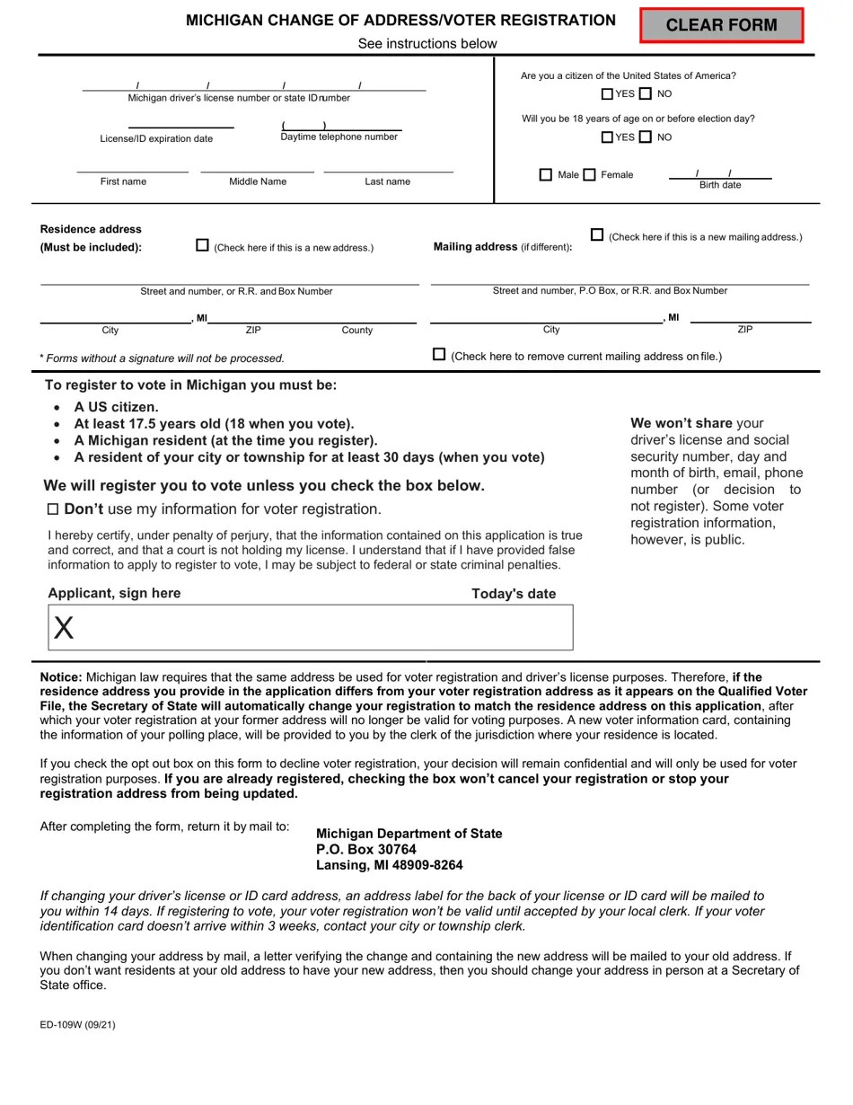Form ED109W Download Fillable PDF or Fill Online Michigan Change of