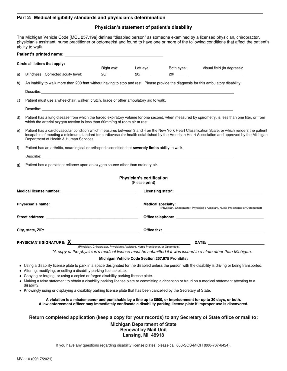 Form MV110 Download Fillable PDF or Fill Online Application for a