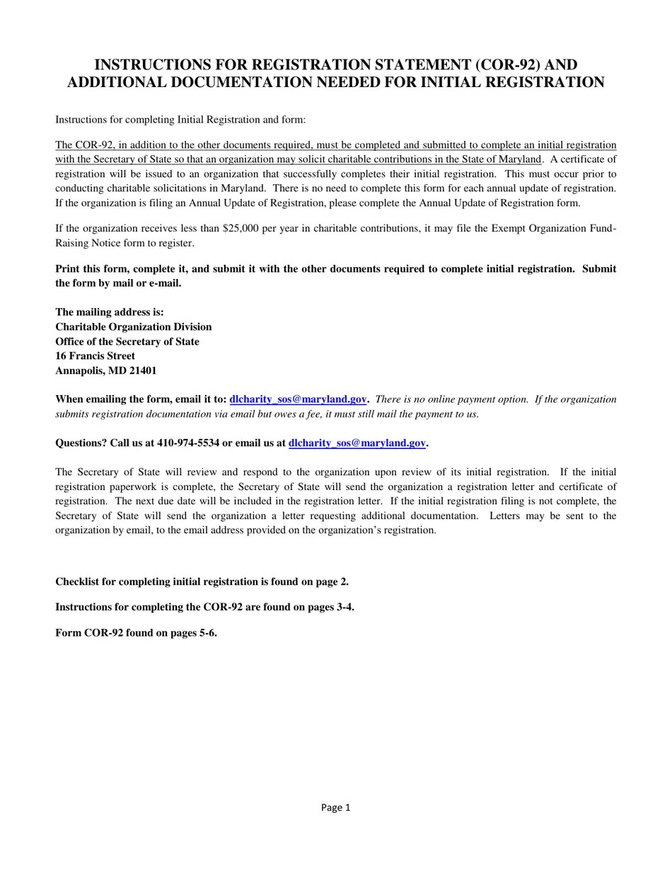 Form COR92 Fill Out, Sign Online and Download Fillable PDF, Maryland