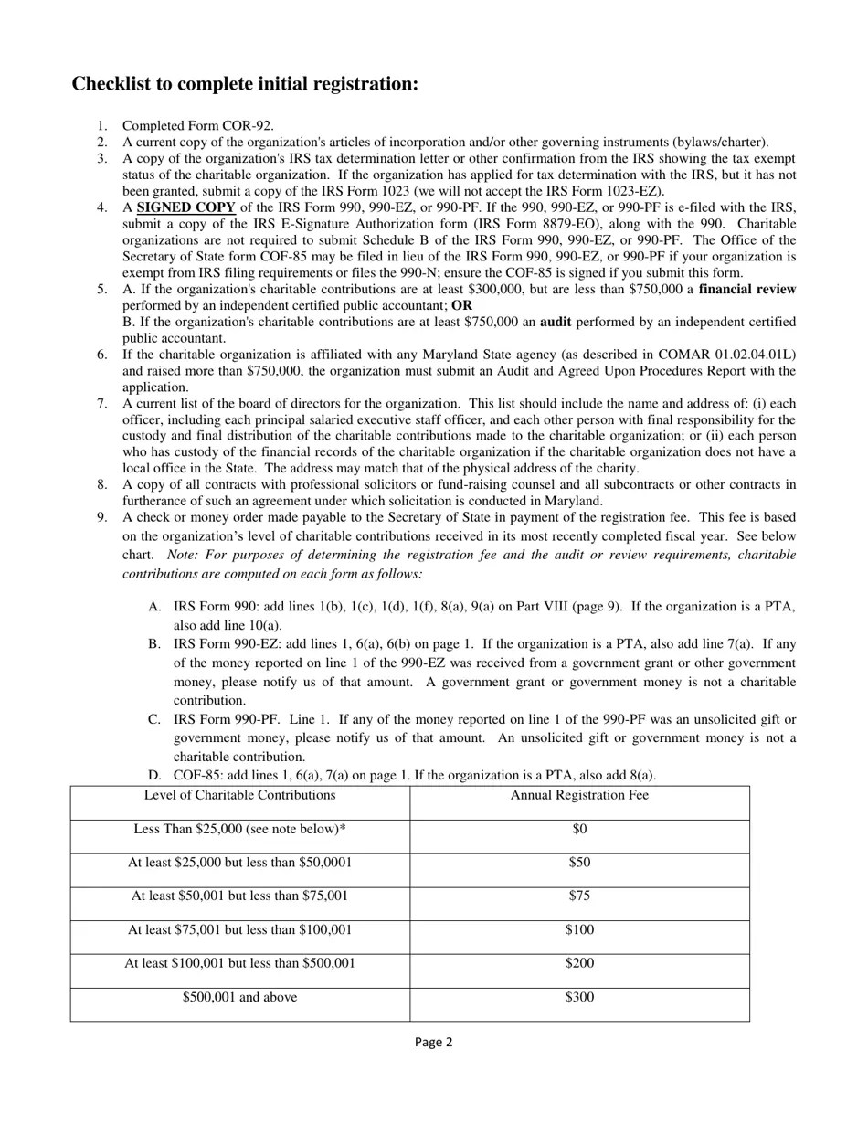 Form COR92 Fill Out, Sign Online and Download Fillable PDF, Maryland