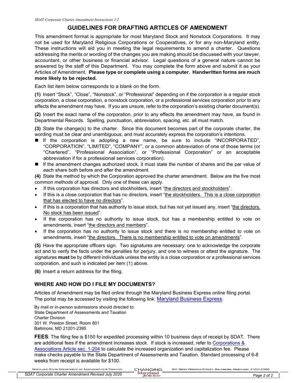 Maryland Articles of Amendment Fill Out, Sign Online and Download PDF