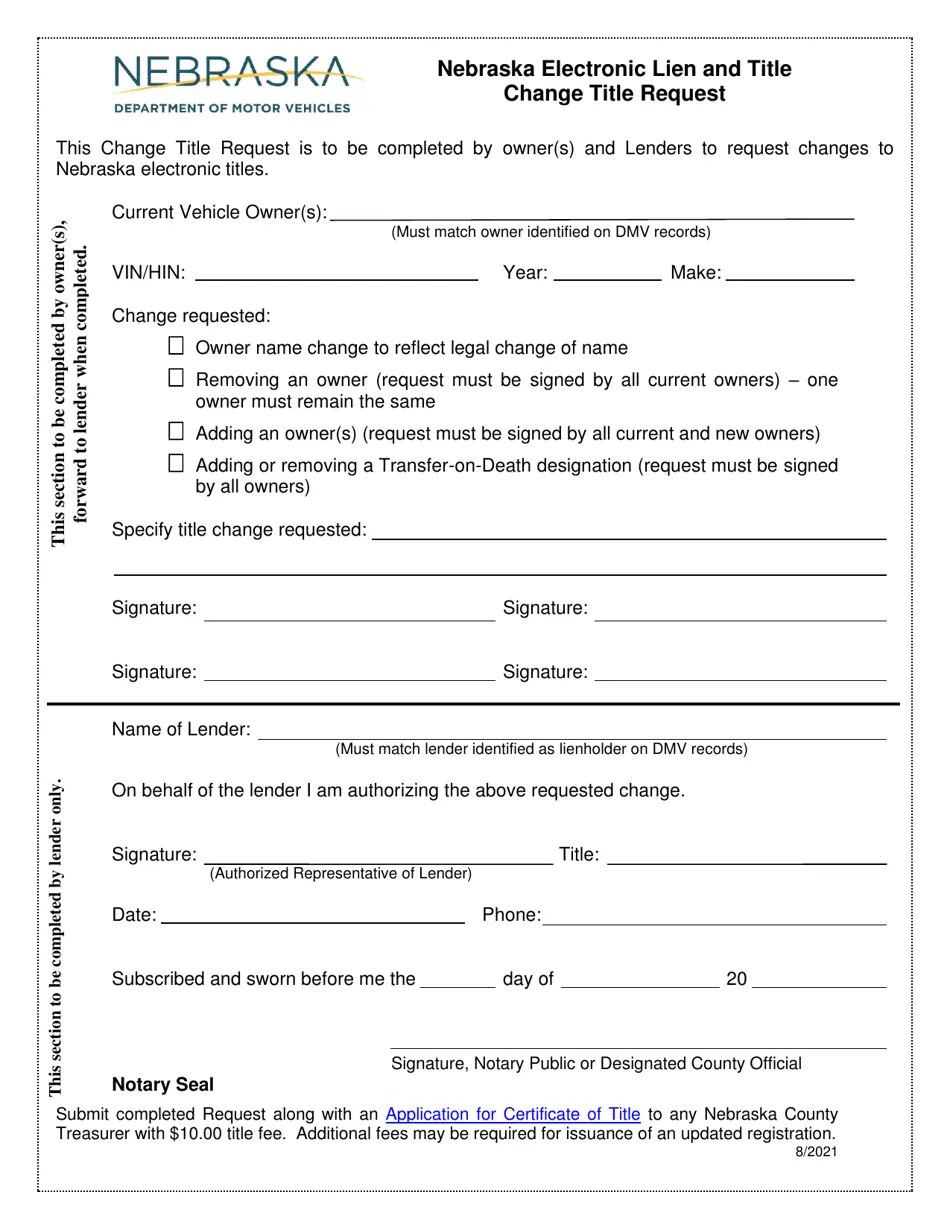 Nebraska Nebraska Electronic Lien and Title Change Title Request