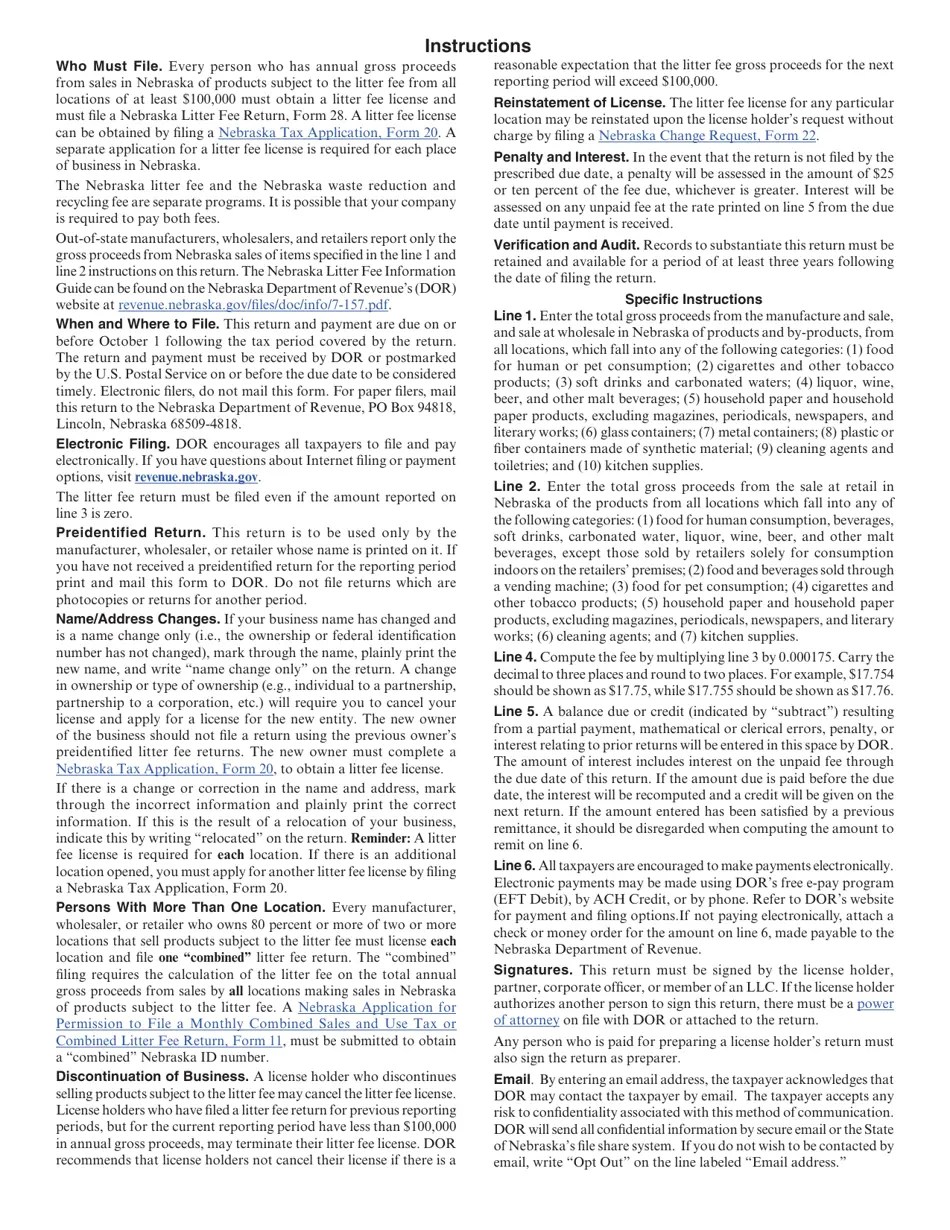 Form 28 Download Fillable PDF or Fill Online Nebraska Litter Fee Return