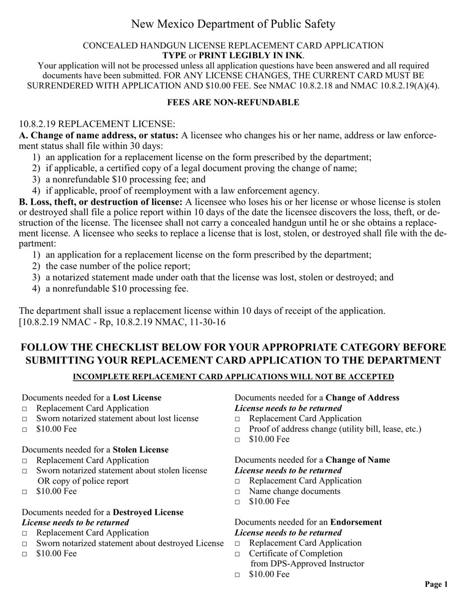 New Mexico Concealed Handgun License Replacement Card Application