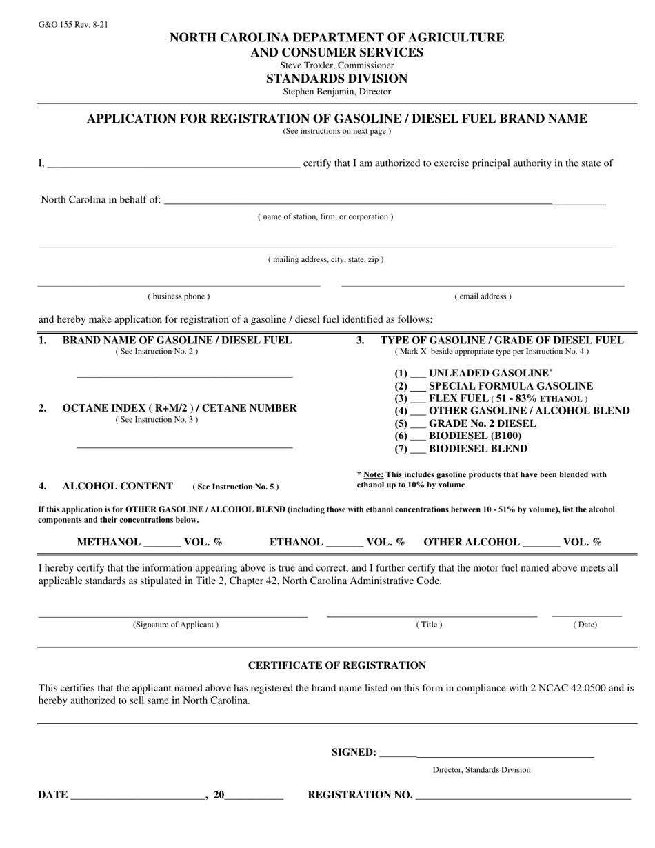 Form G&O155 Download Printable PDF or Fill Online Application for Registration of Gasoline