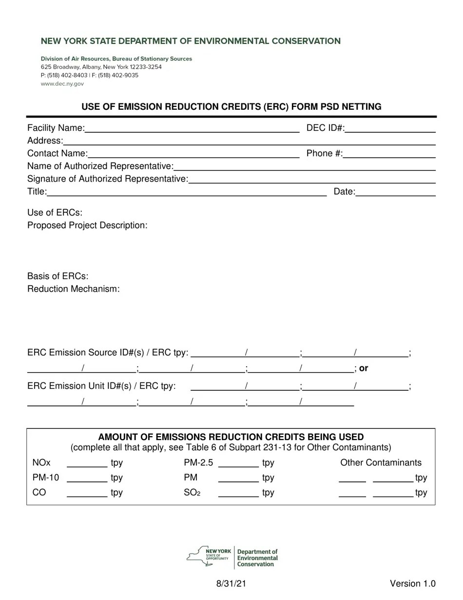 New York Use of Emission Reduction Credits (Erc) Form Psd Netting