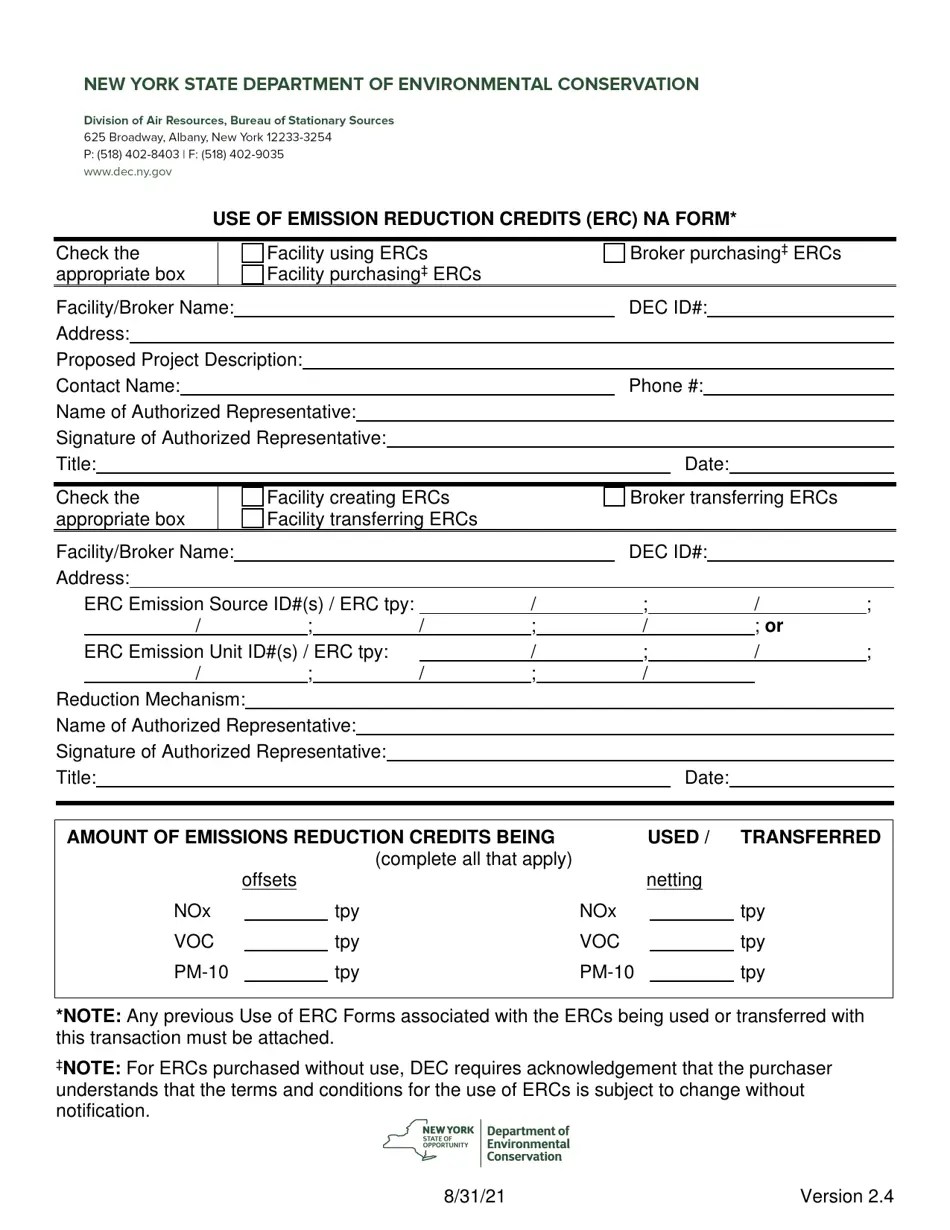 New York Use of Emission Reduction Credits (Erc) Na Form Fill Out