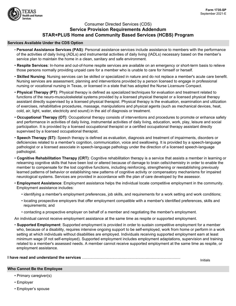 Form 1735SP Download Fillable PDF or Fill Online Service Provision Requirements Addendum Star