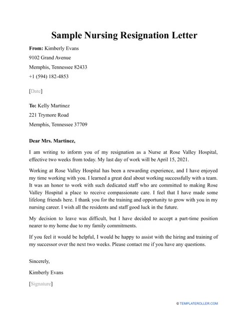 Sample Nursing Resignation Letter Download Printable PDF | Templateroller