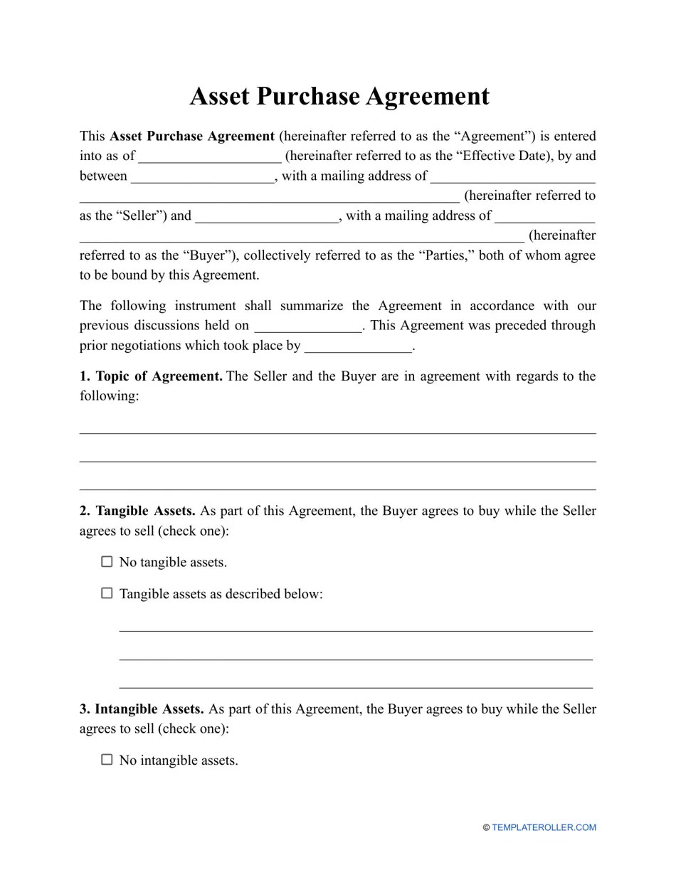 Asset Purchase Agreement Template Fill Out, Sign Online and Download PDF Templateroller